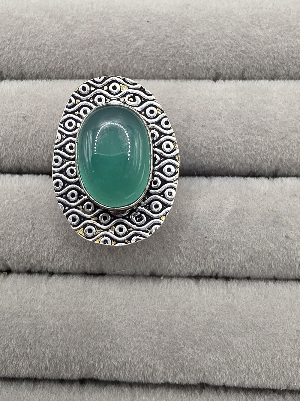 Silver Plated Ring Size 7 with Green Chalcedony Cabochon